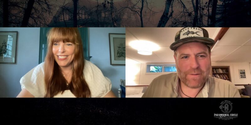 Amy Bruni and Josh Gates on stream during the Bonus Paranormal Cocktail Hour, recreating Hemingway's Bloody Mary recipe from Amy's book 'Food to Die For.'