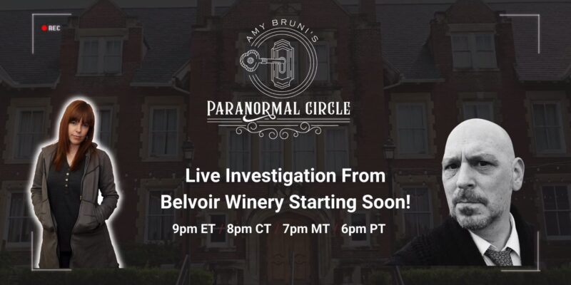 Thumbnail of Amy Bruni and John Tenney during a live paranormal investigation at Belvoir Winery, showcasing a moment from their exploration of the haunted location.