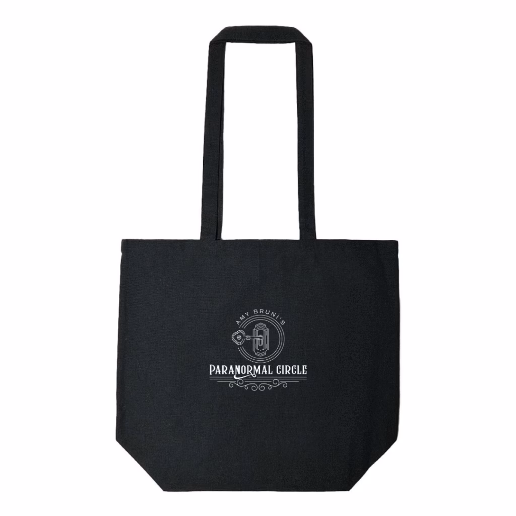 Paranormal Circle black canvas tote bag Paranormal Circle tote bag for paranormal fans Black canvas tote bag with Paranormal Circle logo Paranormal Circle merchandise tote bag Durable black canvas tote for paranormal enthusiasts