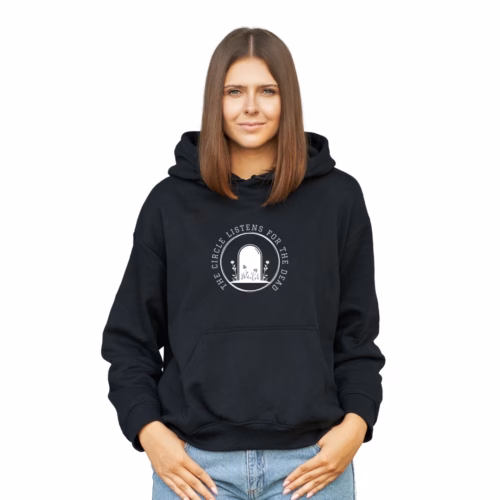 Paranormal Circle hoodie front view The Circle Listens for the Dead hoodie on model Black hoodie with Paranormal Circle logo Ghost hunting hoodie for paranormal fans