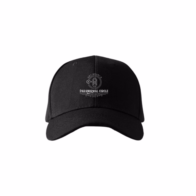 Black baseball hat with embroidered Paranormal Circle logo and an adjustable strap for a custom fit.