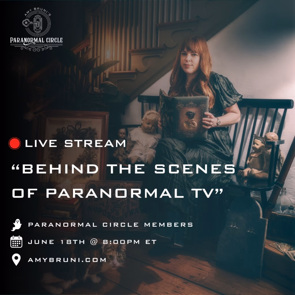 Amy Bruni and paranormal TV producers appear in a live panel event promo with text overlay reading “Behind the Scenes of Paranormal TV” and “Live Event.”