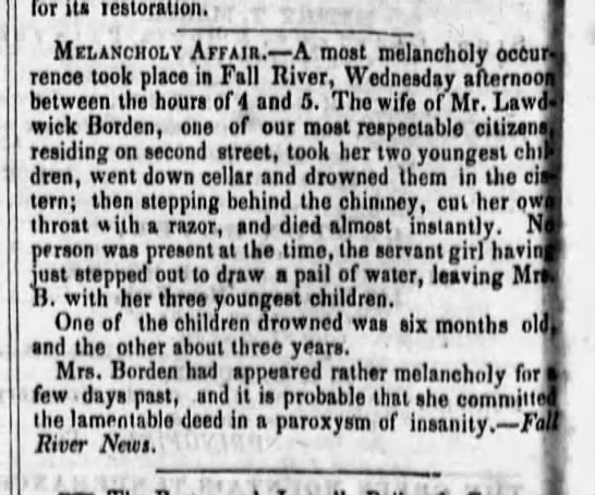 Screenshot of an 1848 newspaper article detailing the Borden family murders near the site of Miss Lizzie’s Coffee House.