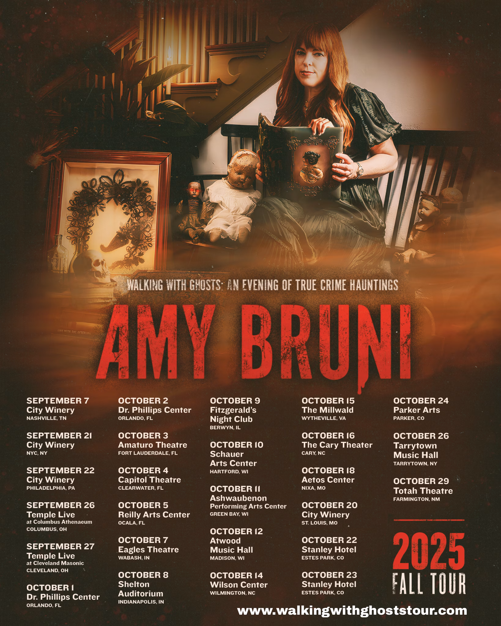Amy Bruni sitting on a bench with the Walking with Ghosts Tour schedule listed below