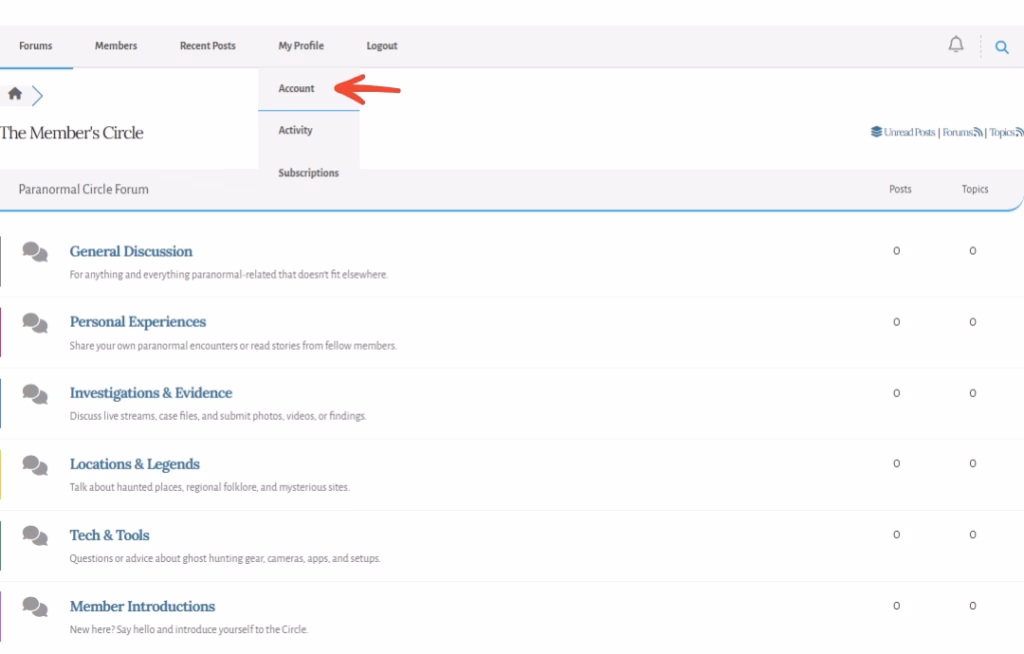 Forum homepage with arrow pointing to the “My Profile > Account” link in the navigation menu.