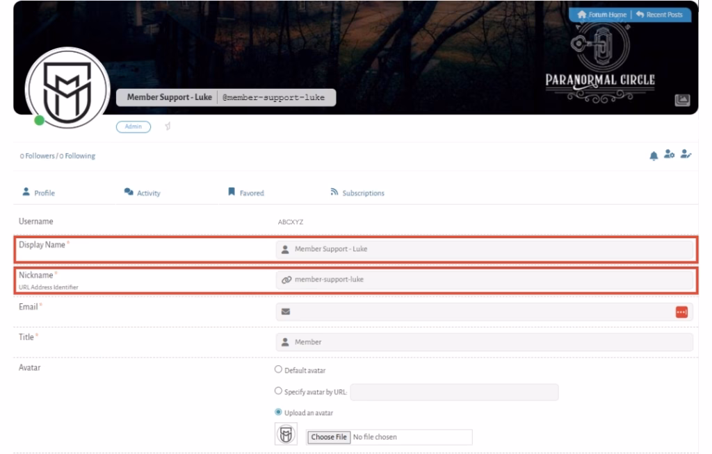 Forum account settings page with fields for Display Name and Nicename highlighted for editing.